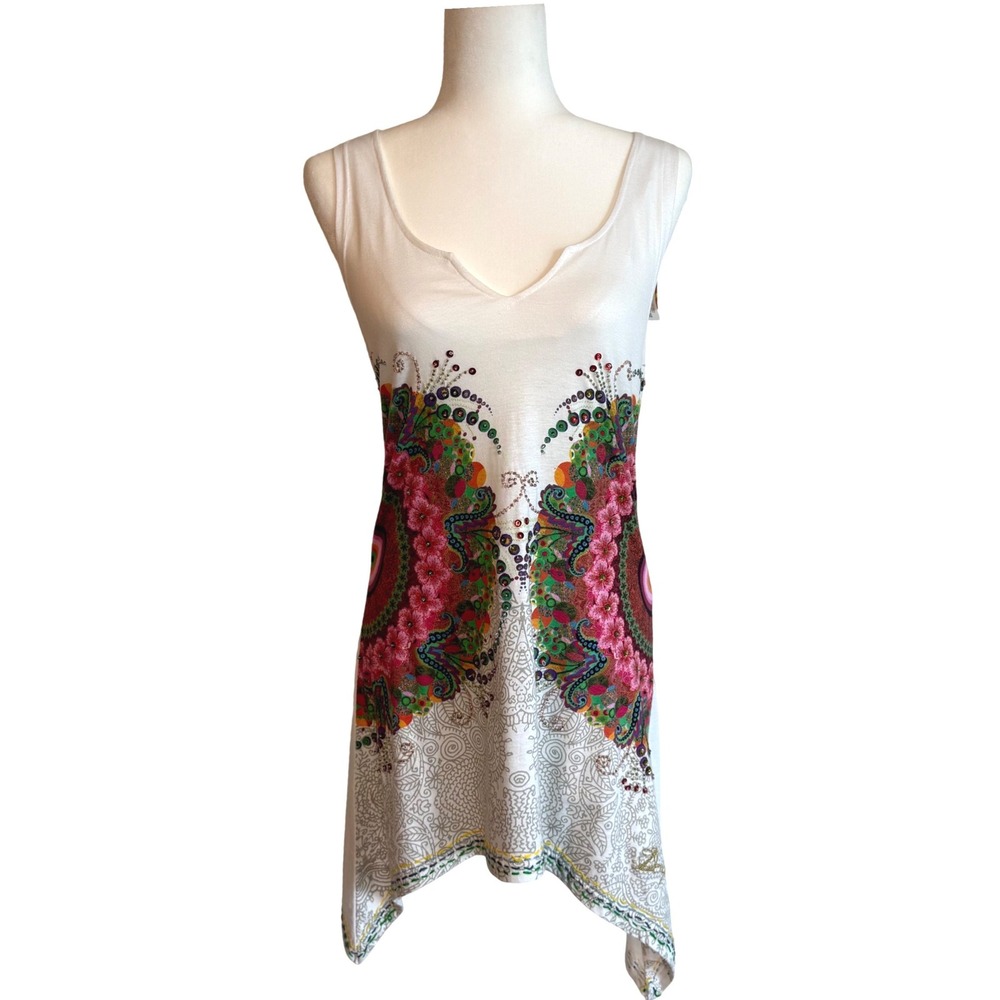 NWT Desigual Clyde Tunic Top M Embellished Sharkbite Floral Y2K Boho Artsy
